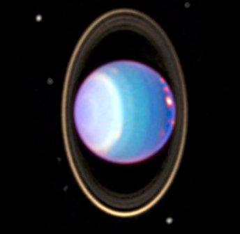 Hubble Space Telescope near-infrared image of Uranus showing cloud bands, rings, and moons